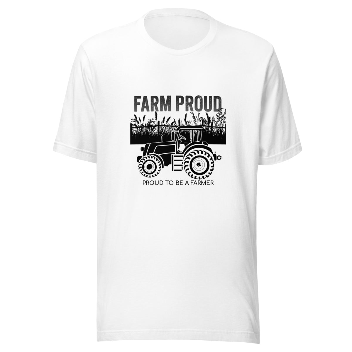 White Farm Proud unisex t-shirt with black tractor, crop field, “Farm Proud,” and “Proud to Be a Farmer” graphic.