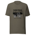 Farm Proud unisex t-shirt with black tractor, crop field, “Farm Proud,” and “Proud to Be a Farmer” graphic.