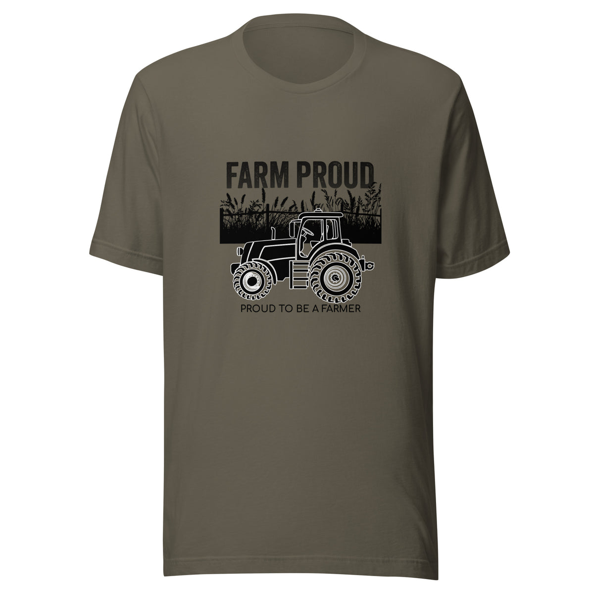 Farm Proud unisex t-shirt with black tractor, crop field, “Farm Proud,” and “Proud to Be a Farmer” graphic.
