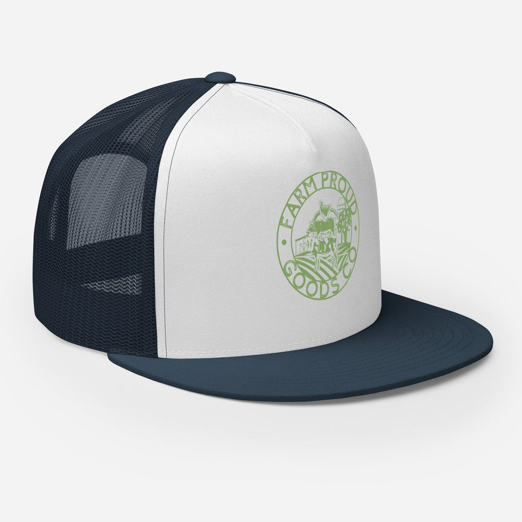 Navy and white Farm Proud Goods trucker hat with green circular farm logo featuring livestock, fields, barn, and trees on the front.