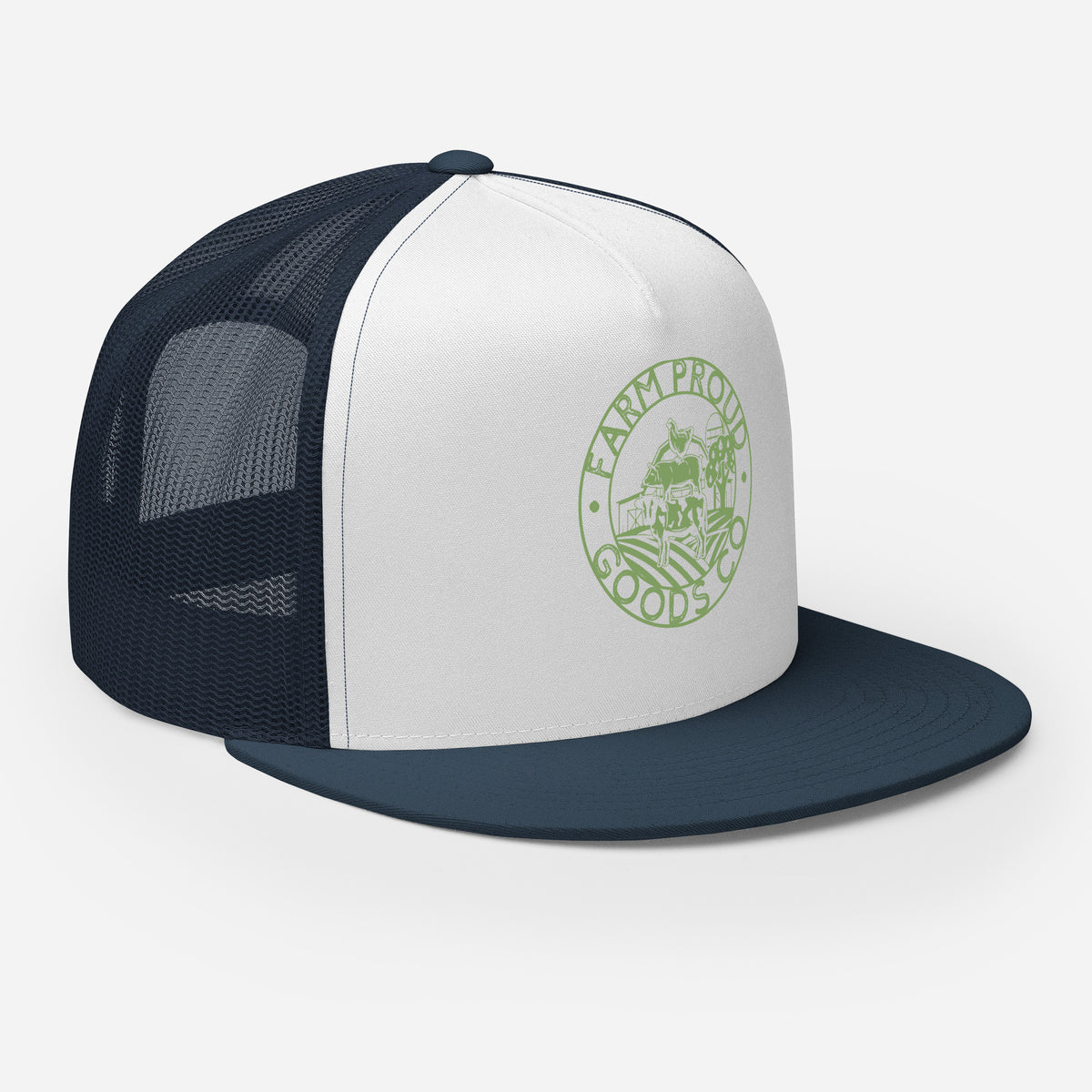 Navy and white Farm Proud Goods trucker hat with green circular farm logo featuring livestock, fields, barn, and trees on the front.