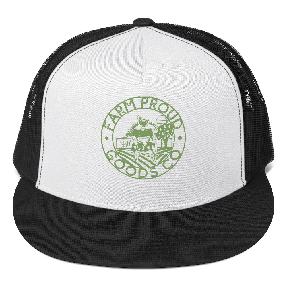 Black and white Farm Proud Goods trucker hat with green circular farm logo featuring livestock, fields, barn, and trees on the front.