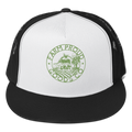 Black and white Farm Proud Goods trucker hat with green circular farm logo featuring livestock, fields, barn, and trees on the front.