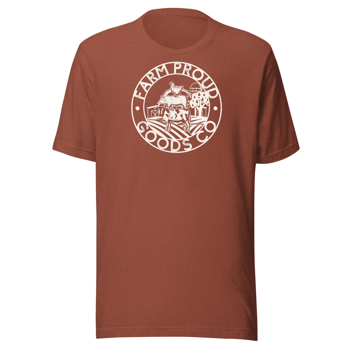 Brown Farm Proud Goods unisex t-shirt featuring a light beigecircular farm logo with livestock, fields, barn, and trees.