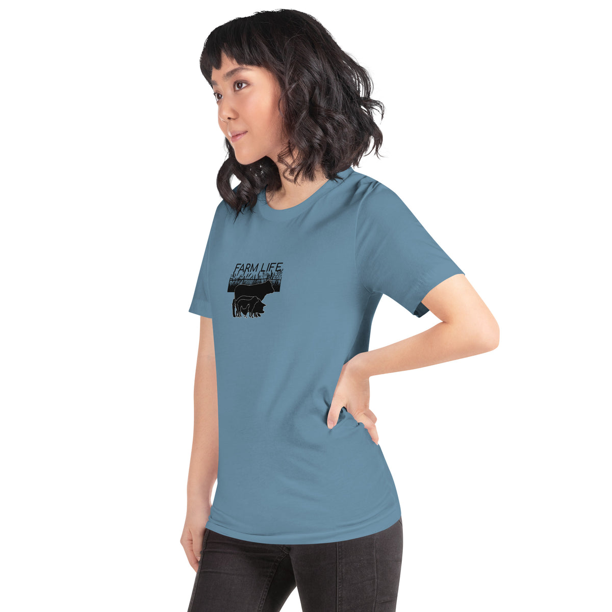 dusty blue Farm Life unisex t-shirt featuring black silhouettes of cattle, pigs, sheep, chickens, and a farm field design.