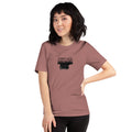 Heather mauve Farm Life unisex t-shirt featuring black silhouettes of cattle, pigs, sheep, chickens, and a farm field design.