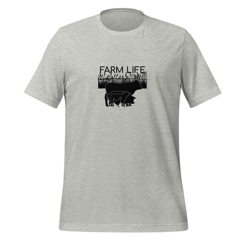 light grey heather Farm Life unisex t-shirt featuring black silhouettes of cattle, pigs, sheep, chickens, and a farm field design.