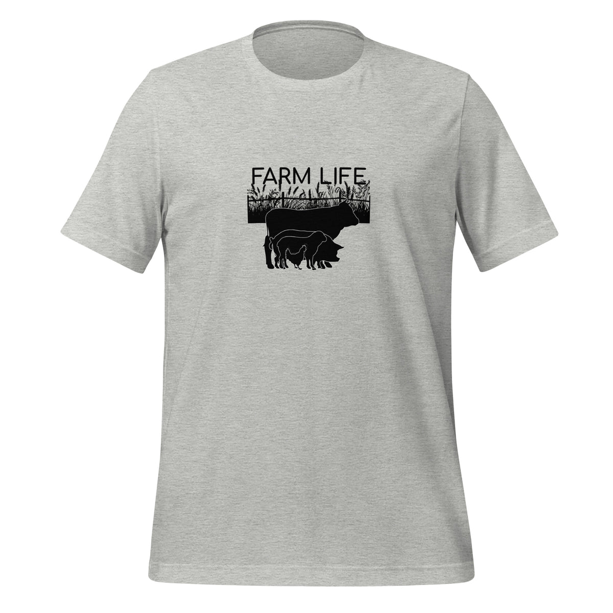 light grey heather Farm Life unisex t-shirt featuring black silhouettes of cattle, pigs, sheep, chickens, and a farm field design.