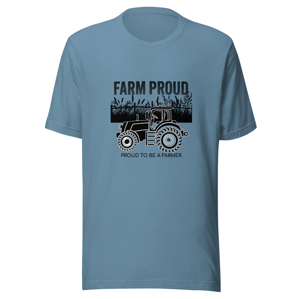 Farm Proud unisex t-shirt with black tractor, crop field, “Farm Proud,” and “Proud to Be a Farmer” graphic.