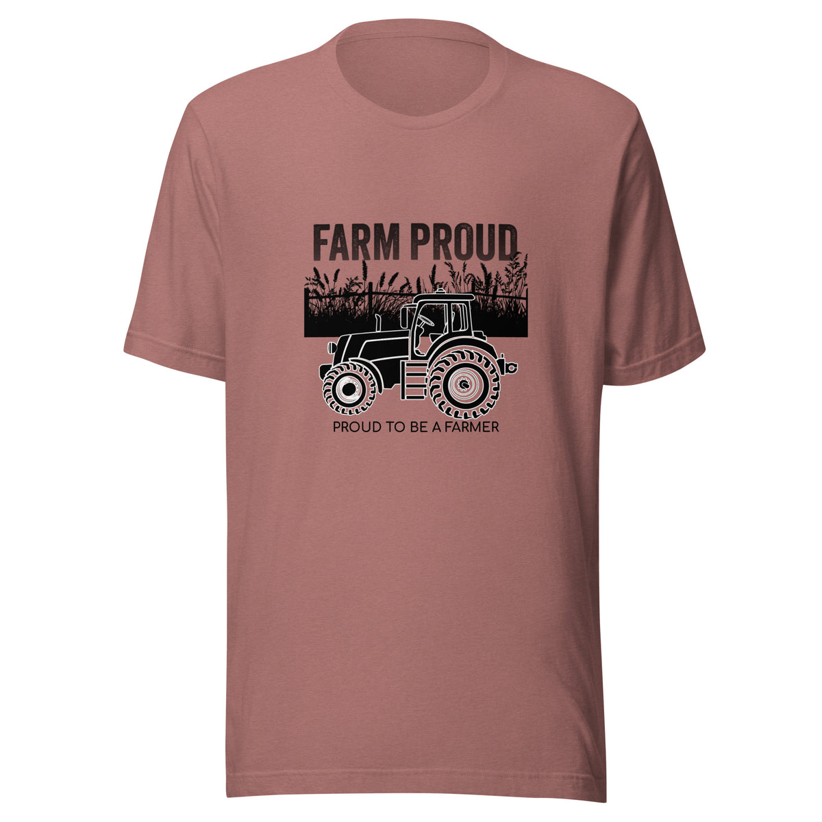 Farm Proud unisex t-shirt with black tractor, crop field, “Farm Proud,” and “Proud to Be a Farmer” graphic.