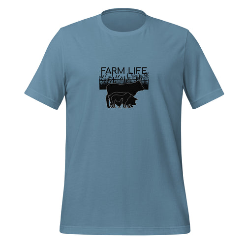 A dusty blue crewneck t-shirt with a black graphic on the chest showing a pig and a cow silhouette under the text 'FARM LIFE.' on a plain white background.
