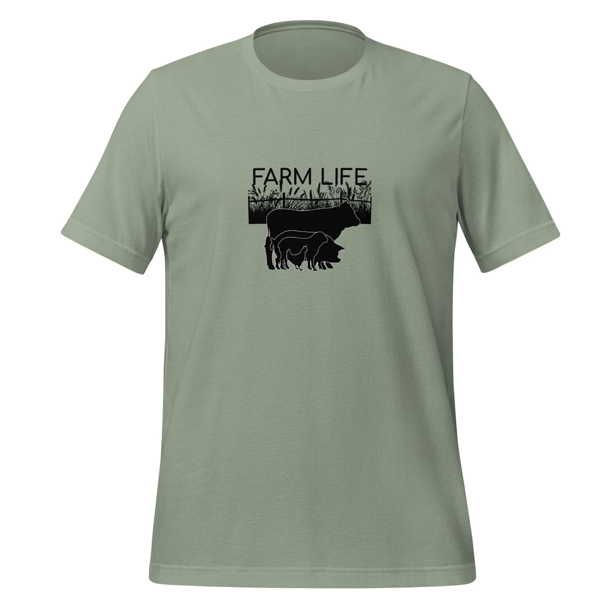 A sage green crewneck t-shirt with a black graphic on the chest depicting a pig and cow silhouette under the text 'FARM LIFE.' on a plain white background.