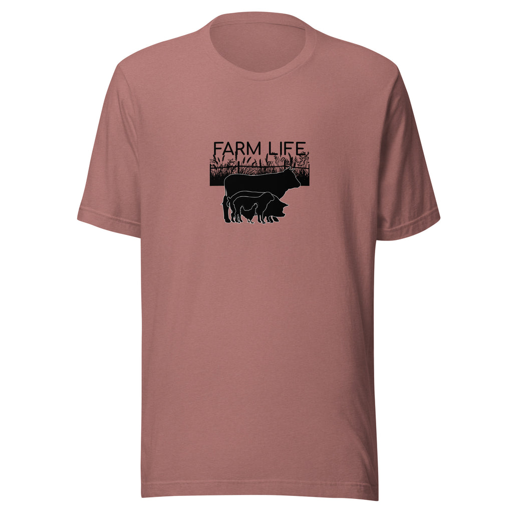 Heather mauve Farm Life unisex t-shirt featuring black silhouettes of cattle, pigs, sheep, chickens, and a farm field design.