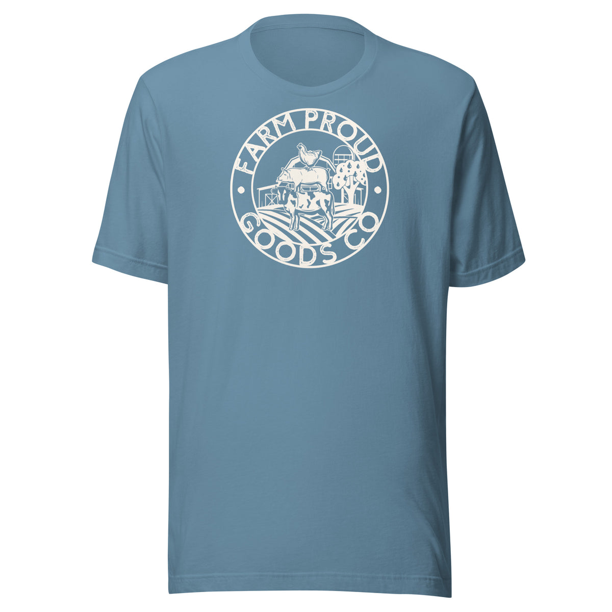 Blue Farm Proud Goods unisex t-shirt featuring a light beigecircular farm logo with livestock, fields, barn, and trees.
