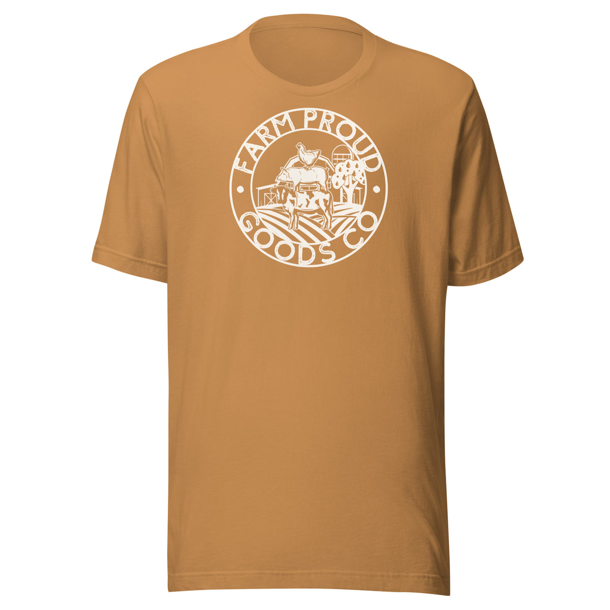 Mustard Brown Farm Proud Goods unisex t-shirt featuring a light beigecircular farm logo with livestock, fields, barn, and trees.