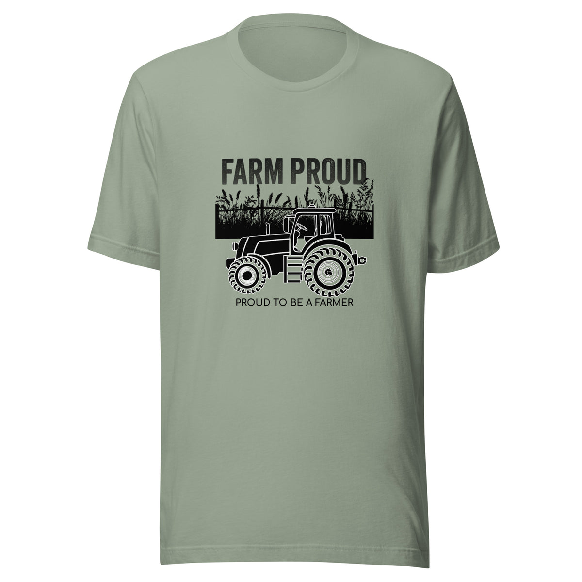 Farm Proud unisex t-shirt with black tractor, crop field, “Farm Proud,” and “Proud to Be a Farmer” graphic.