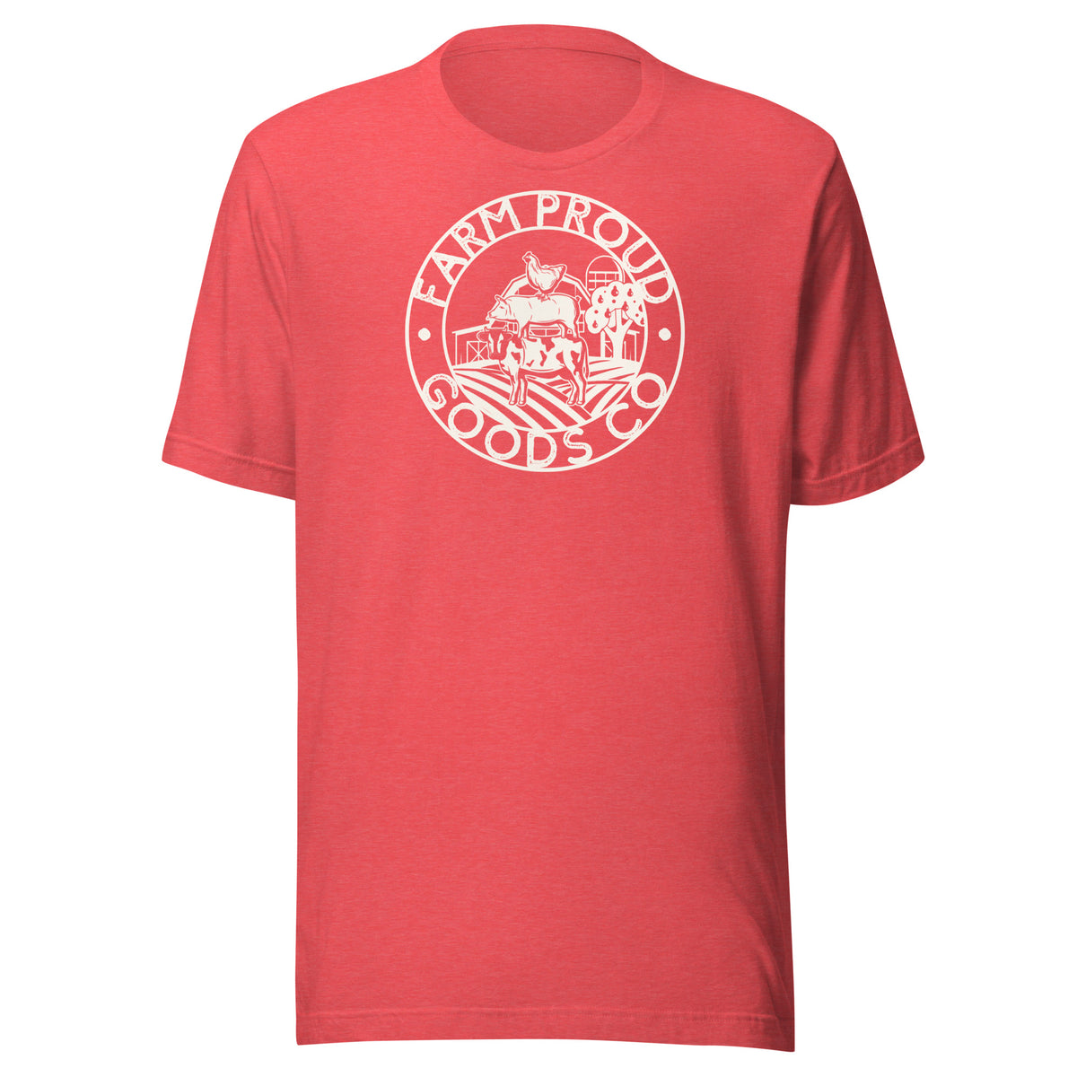 Bright coral  Farm Proud Goods unisex t-shirt featuring a light beigecircular farm logo with livestock, fields, barn, and trees.