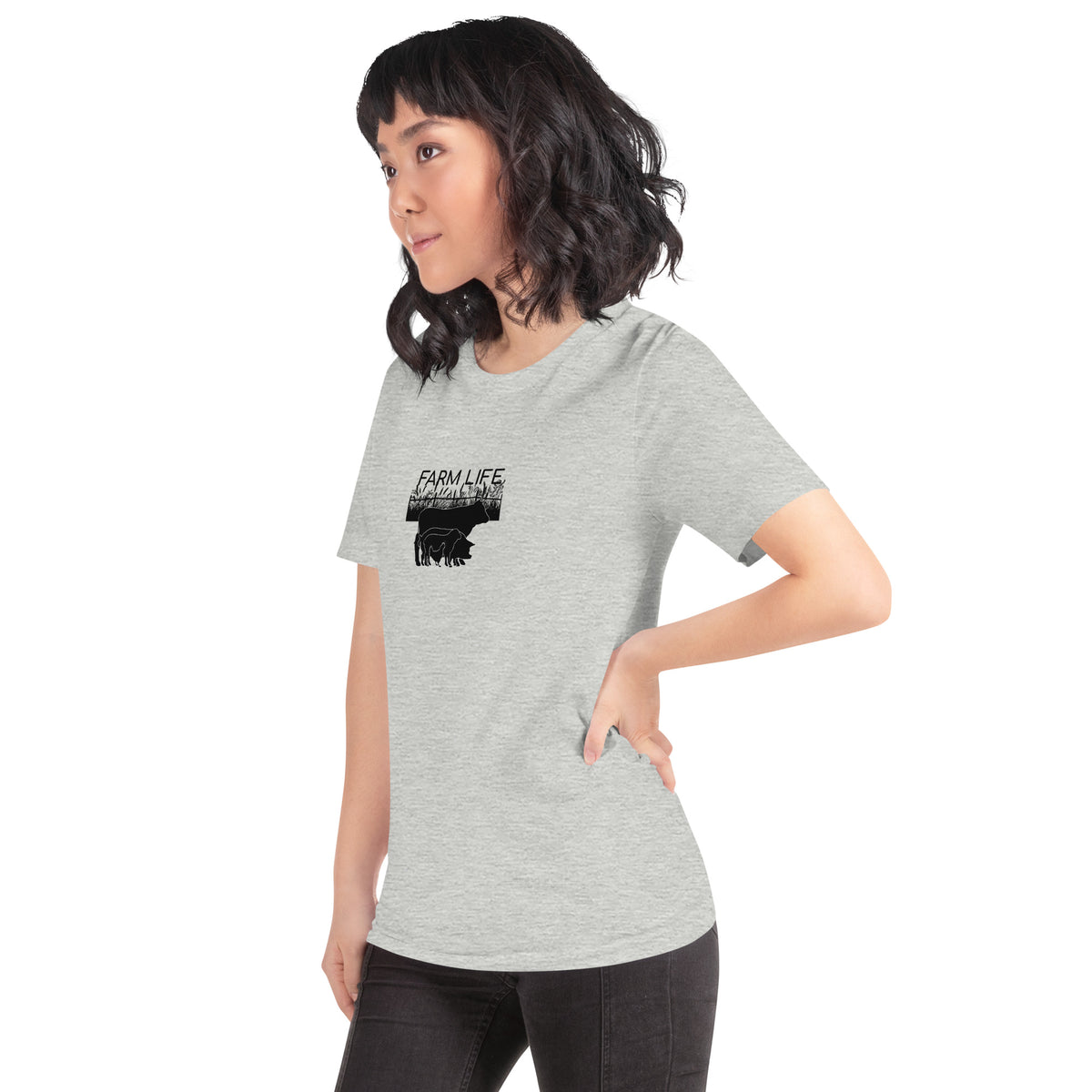 Heather light grey Farm Life unisex t-shirt featuring black silhouettes of cattle, pigs, sheep, chickens, and a farm field design.