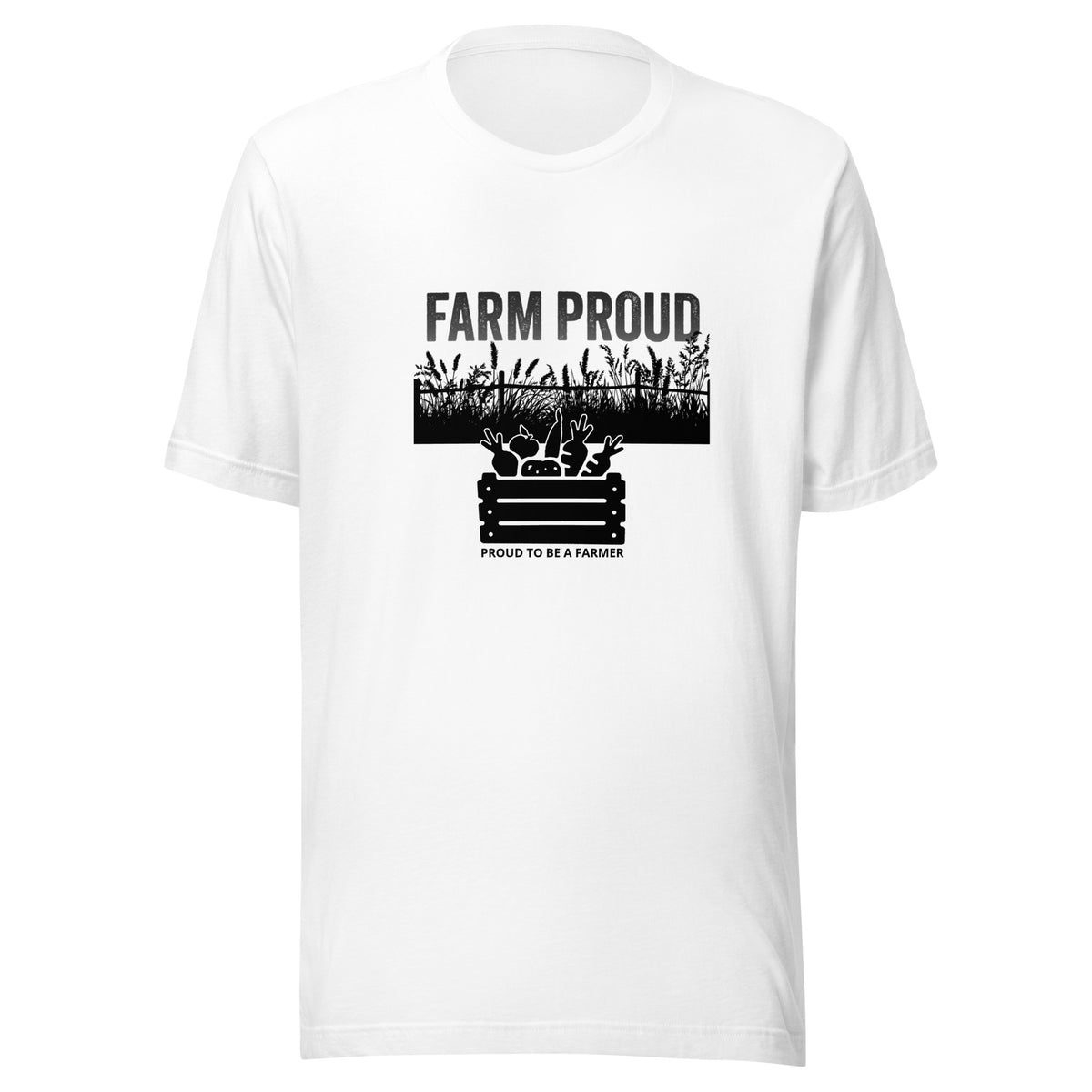 White Farm Proud unisex t-shirt featuring a black farm field and harvest crate filled with vegetables with Proud to Be a Farmer text.