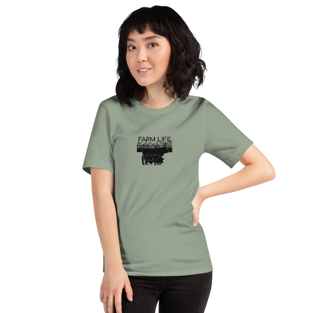 Sage Farm Life unisex t-shirt featuring black silhouettes of cattle, pigs, sheep, chickens, and a farm field design.