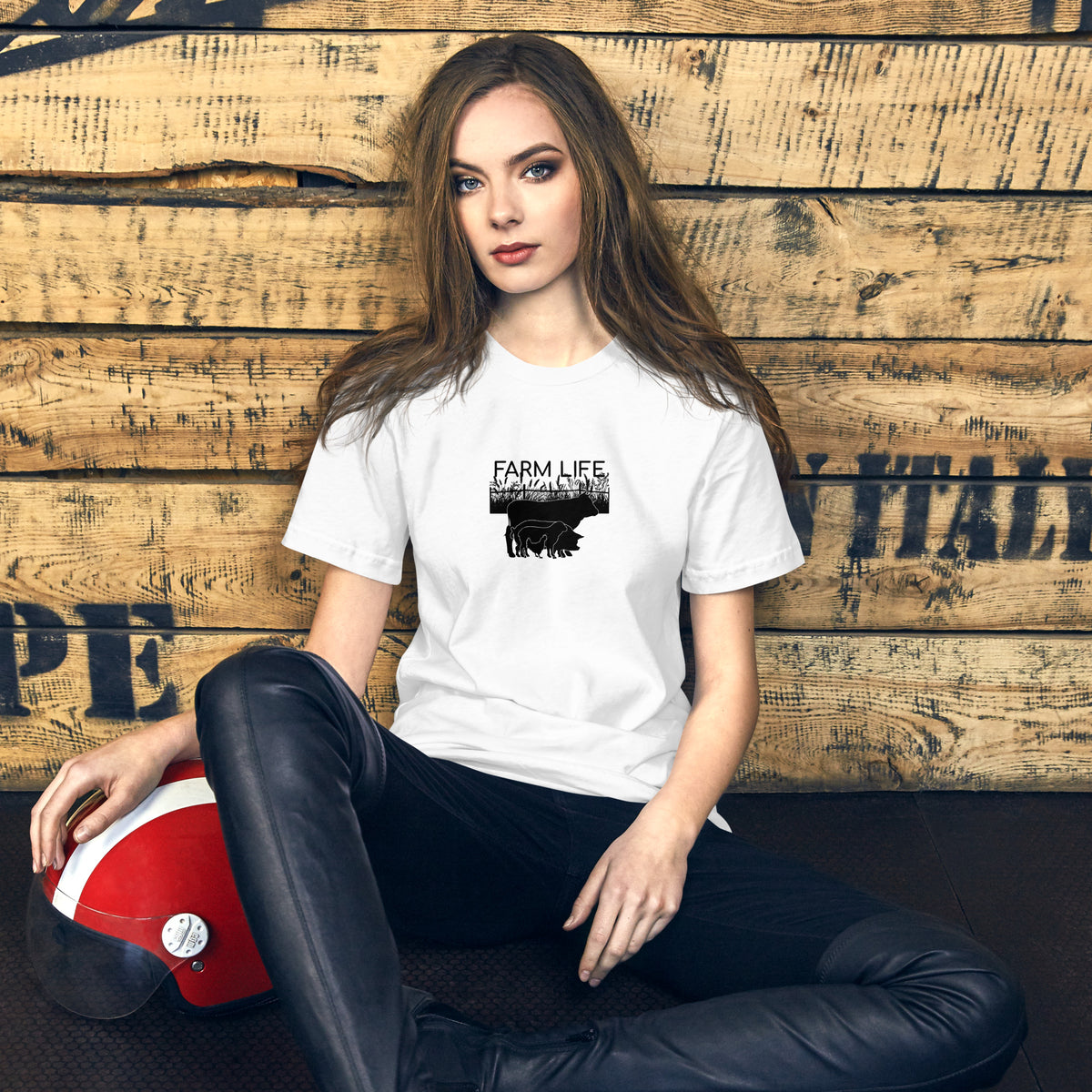 white Farm Life unisex t-shirt featuring black silhouettes of cattle, pigs, sheep, chickens, and a farm field design.