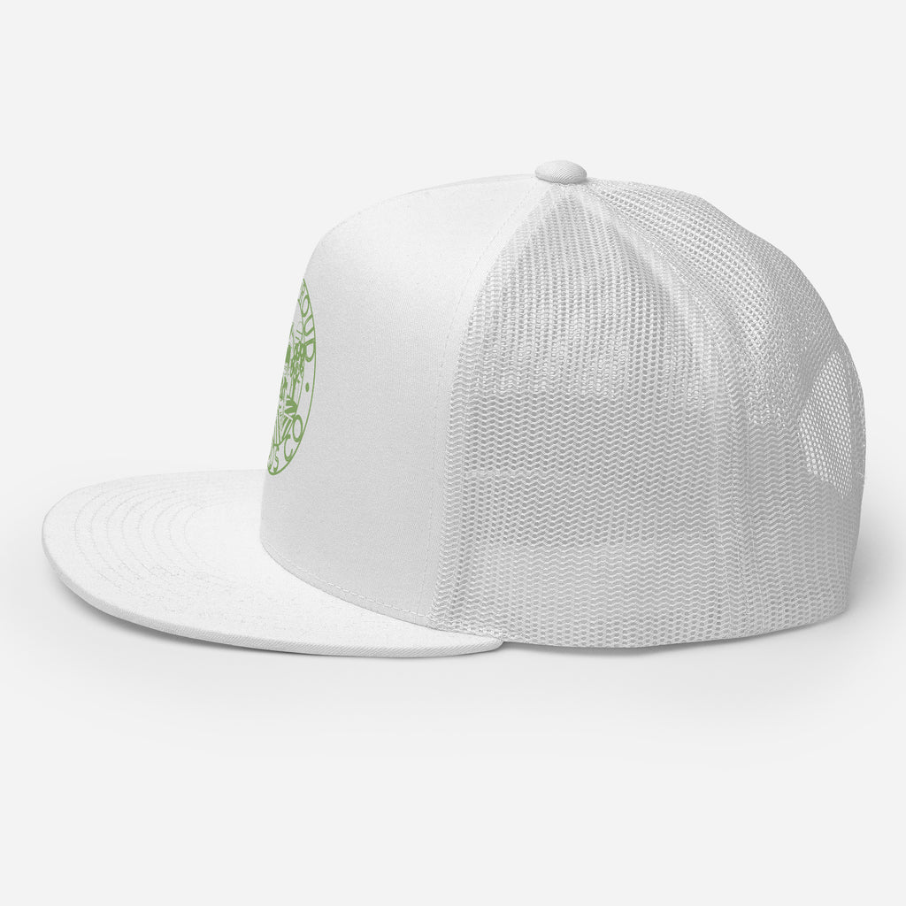 White Farm Proud Goods trucker hat with green circular farm logo featuring livestock, fields, barn, and trees on the front.